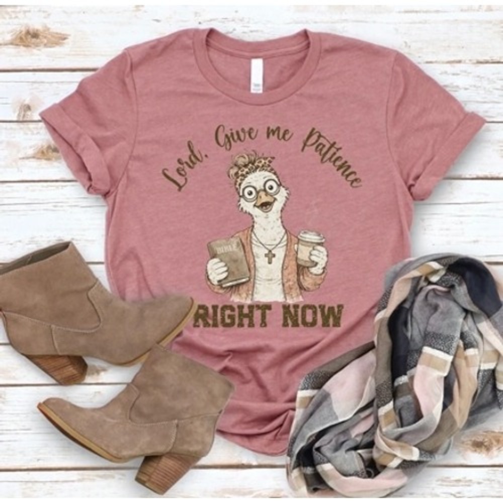 Lord Give Me Patience Ostrich Graphic Tee Mauve Pink Shirt Top